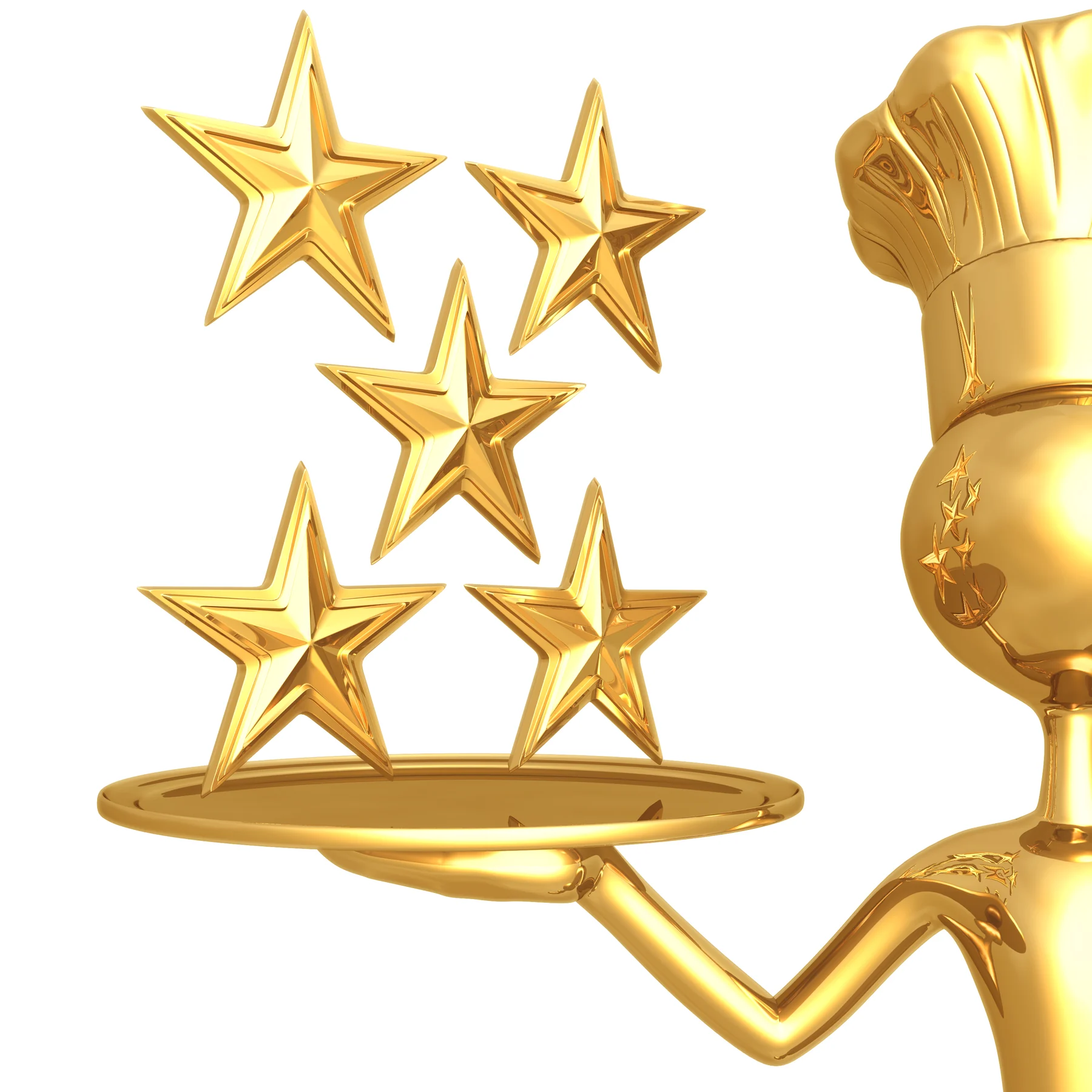 A gold chef presenting five stars