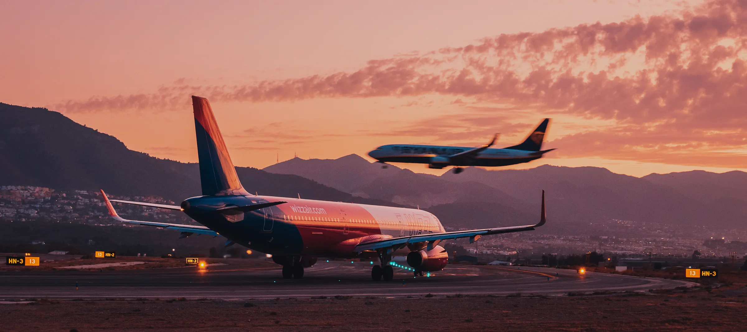 Aircraft arriving in Spain at sunset